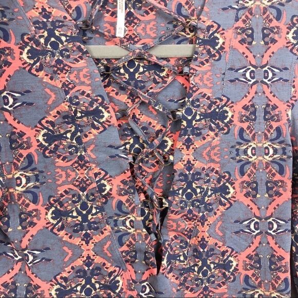 FREE PEOPLE | Blue & Orange Print Lace Up Front Top Long Sleeve Women’s Size XS - Picture 4 of 7